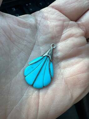 Vintage Sterling Silver Turquoise Shell Fan Pendant